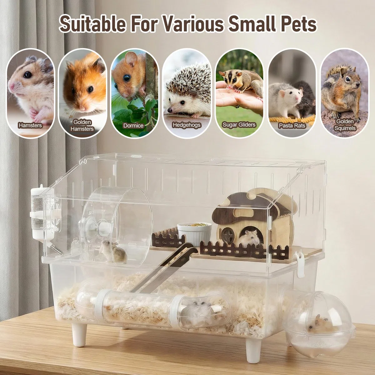 Acryl-Hamsterkäfig, großer Hamsterkäfig mit zu Offnendem Deckel, 45 * 28 * 34 cm, Vollständig Transparenter Hamsterkäfigs mit Pilzhaus-Dekorationen, Mäusekäfig Geeignet für 5 bis 8 Hamster