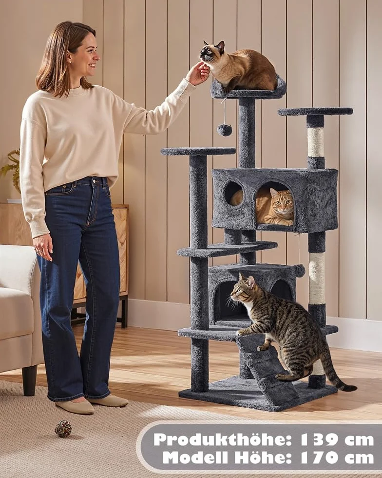 Yaheetech 139 cm Kratzbaum für Kleine und Mittelgroße Katzen, Mehrstufiger Katzenturm mit 2 Höhlen, 3 Plattformen, Sisalsäulen und Stufendesign, Stabil für Mehrkatzenhaushalte, Dunkelgrau