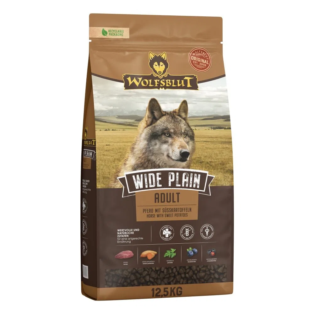 WOLFSBLUT Wide Plain Adult Trockenfutter Pferd 12,5kg getreidefreies Alleinfutter für ausgewachsene Hunde