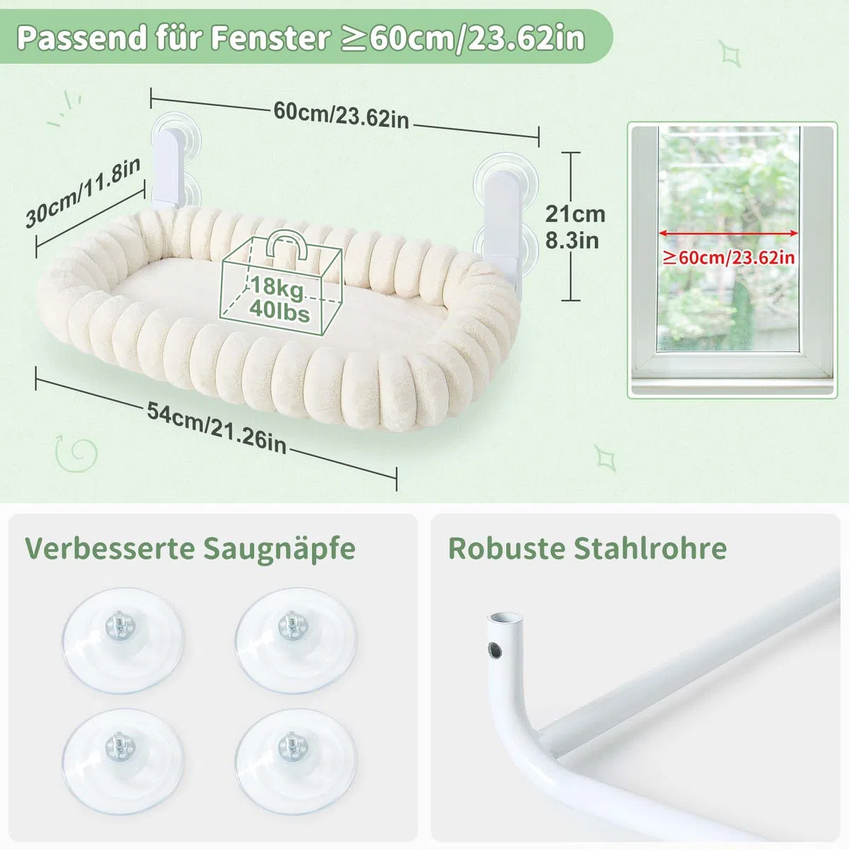 GUUSII HOME Katzen Fensterliege Faltbar Katzenbett Fenster Fensterbank Katze Hängematte mit Wendebezug & Saugnäpfen Fensterbrettauflage Fensterliegeplatz Bis zu 18kg Fensterscheibe (Weiß, M)