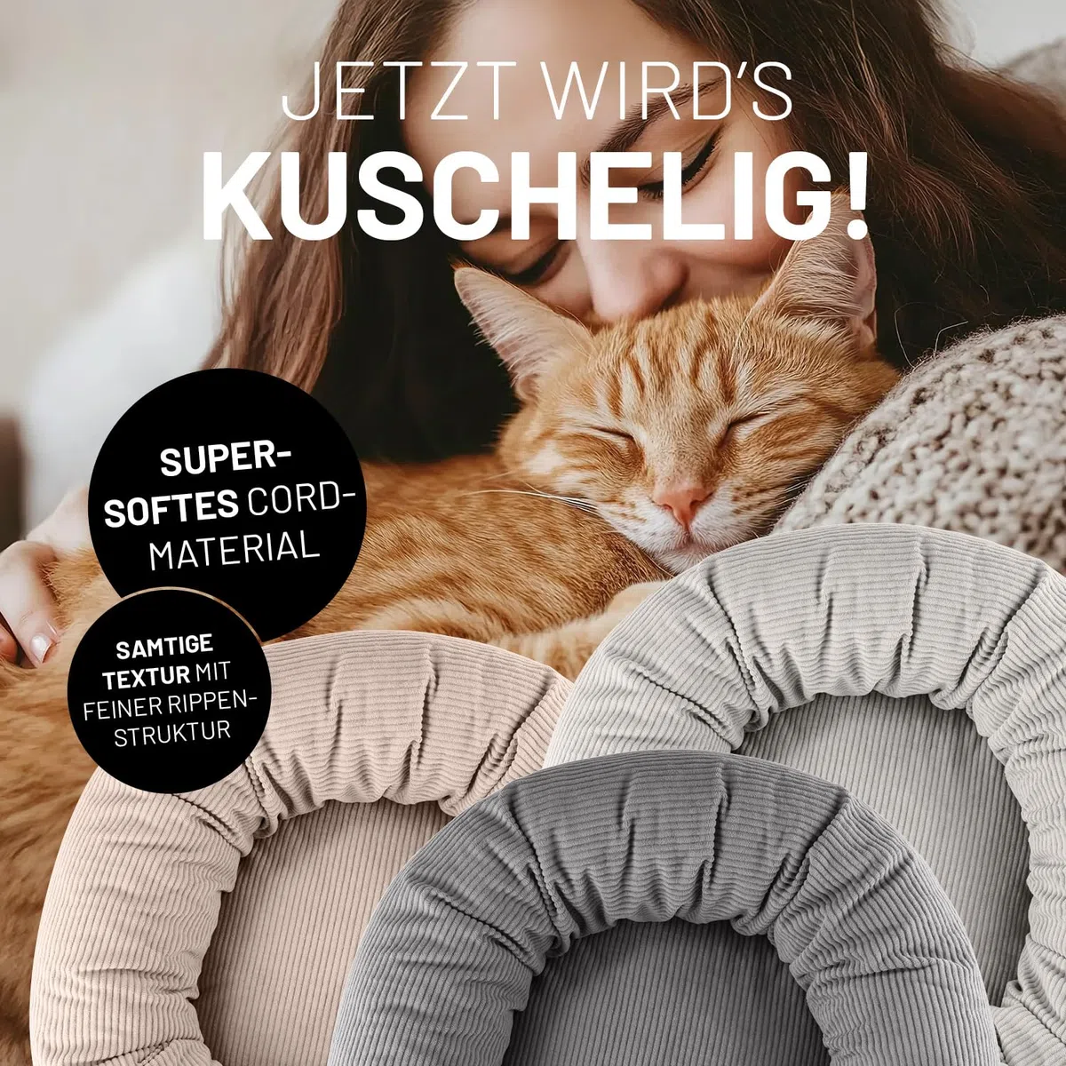 Lumaland Komfort Katzenbett Cord, Ø 60 cm | Katzenhöhle Rutschfester Boden | Katzen Zubehör mit Softer Füllung & Cord-Bezug – alle Teile waschbar | Katzenkorb mit Reißverschluss und 15 cm hohem Rand