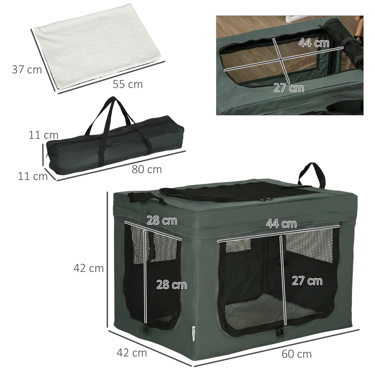 PawHut Hundetasche Hundebox mit Meshfenster, 60 x 42 x 42 cm Katzentransportbox mit Kissen, Griffen, Transportbox, Transporttasche für Hunde bis 4 kg, Oxford, Grau