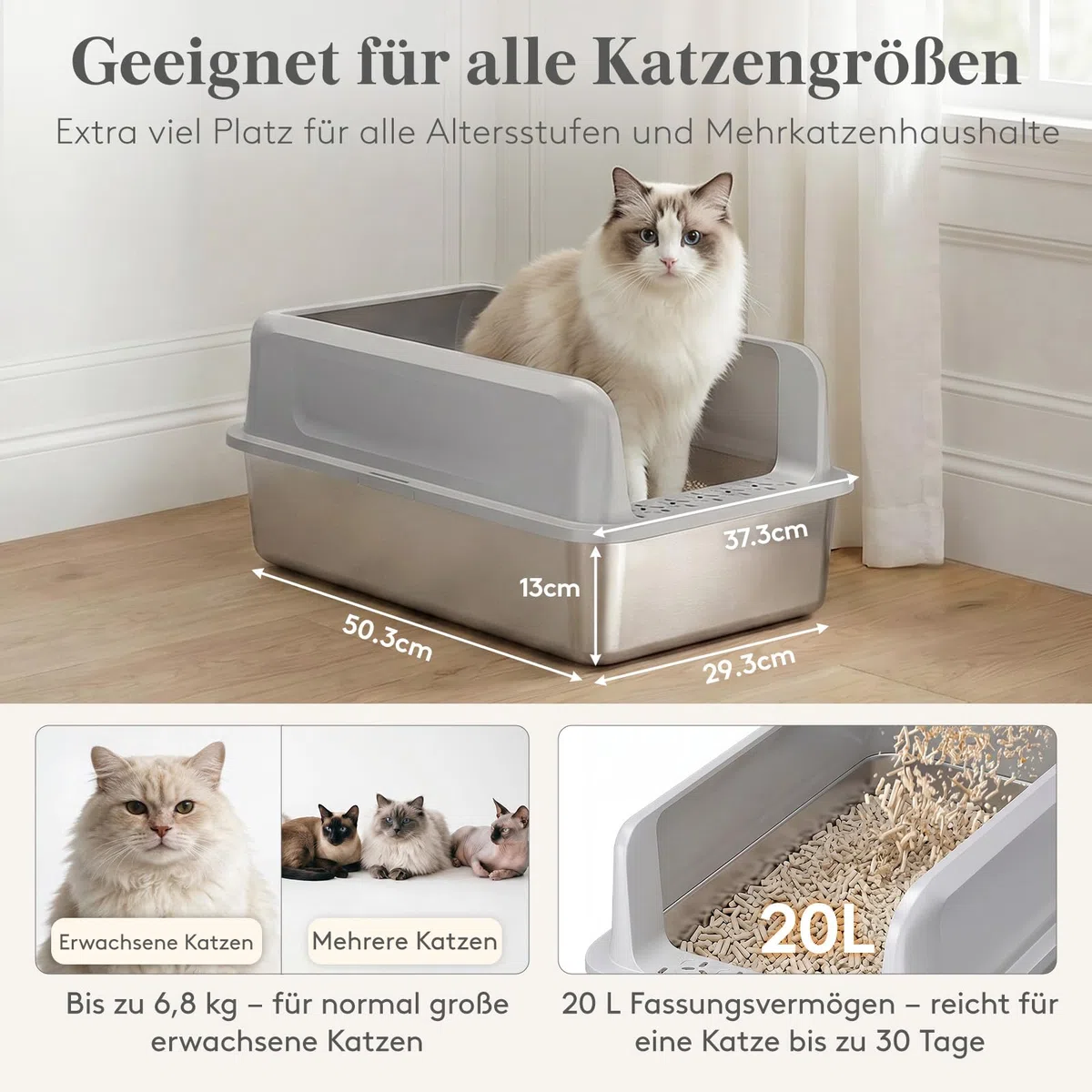 Lifewit Große Katzenklo Edelstahl mit Schaufel, Offene Katzentoilette mit hohem Rand für Mittelgroße und Große Katzen, Geruchsarm Katzen Klo, Cat Litter Box, leicht zu reinigen, 58x37x26cm, Grau