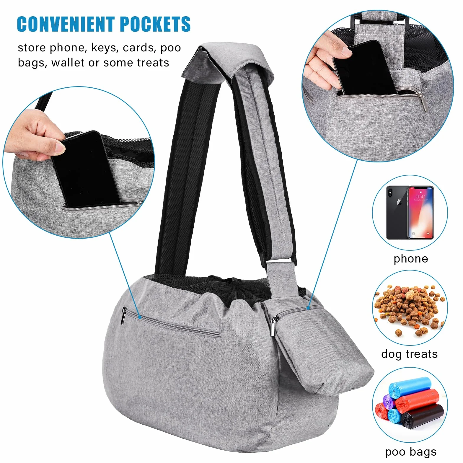 Ownpets Hundetragetasche, Hundetasche bis 11kg, Tragetuch Hund, Hundetasche mit verstellbarem Schultergurt und Fronttasche und Tasche Schulterpolster, 30 cm tief * 46,5 cm breit