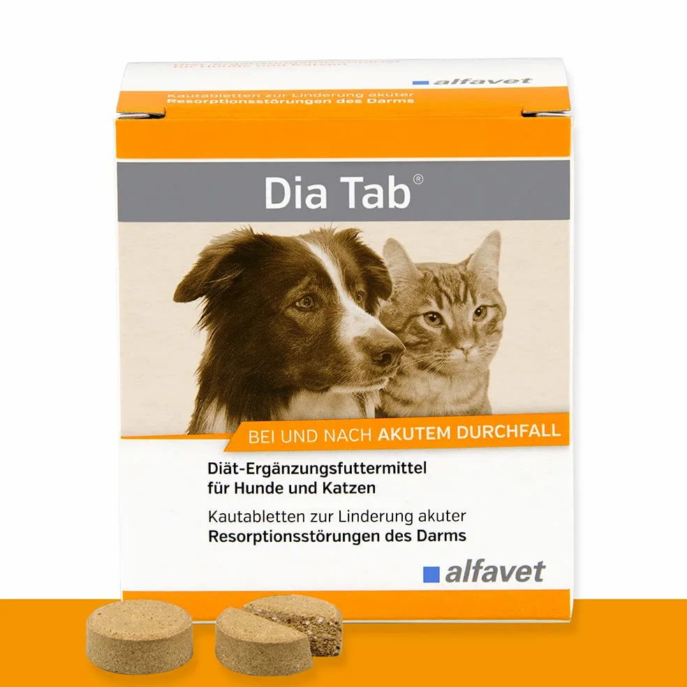 alfavet Dia Tab, 60 x 5,5g, Diät-Ergänzungsfuttermittel für Hunde und Katzen, Kautablette bei und nach akutem Durchfall