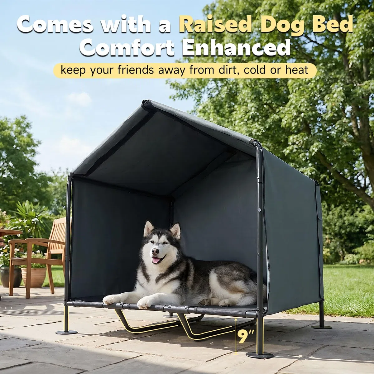 Hundehütte Outdoor mit Hundebett, 100 x 87 x 106 cm, Sonnengeschützte Hundehütte für Kleine bis Große Hunde und Katzen, Wasserdichtes Hundezelt mit Abnehmbarer Tür, für Camping, Garten, Dunkelgrau