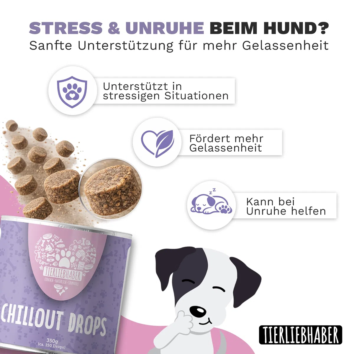 Beruhigungsmittel für Hunde – Natürliches Hunde Beruhigungsmittel tierärztlich entwickelt zur Beruhigung Hund – Chillout Drops mit Baldrian für den Hund Beruhigung und 350g von TIERLIEBHABER