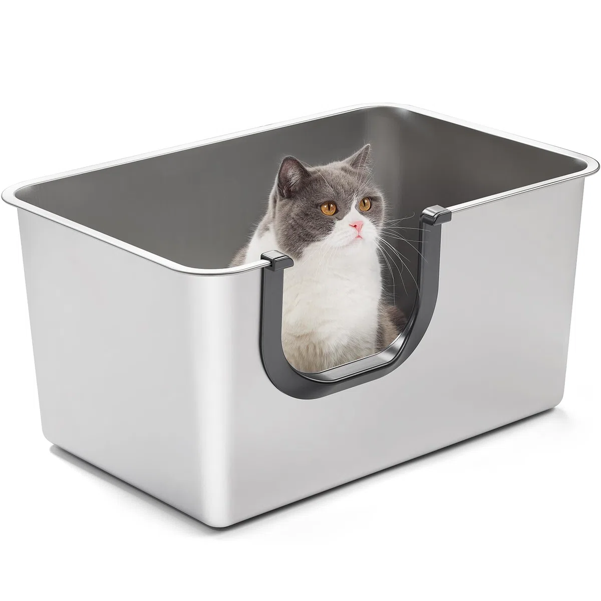 Yangbaga Katzenklo Edelstahl XXL,Offenes Katzentoilette mit Hohem Rand,Katzenklo Metall für Große Katzen und Kätzchen,Geruchsfreie,Auslaufsicher, Griff Freundlich,60x40x30cm