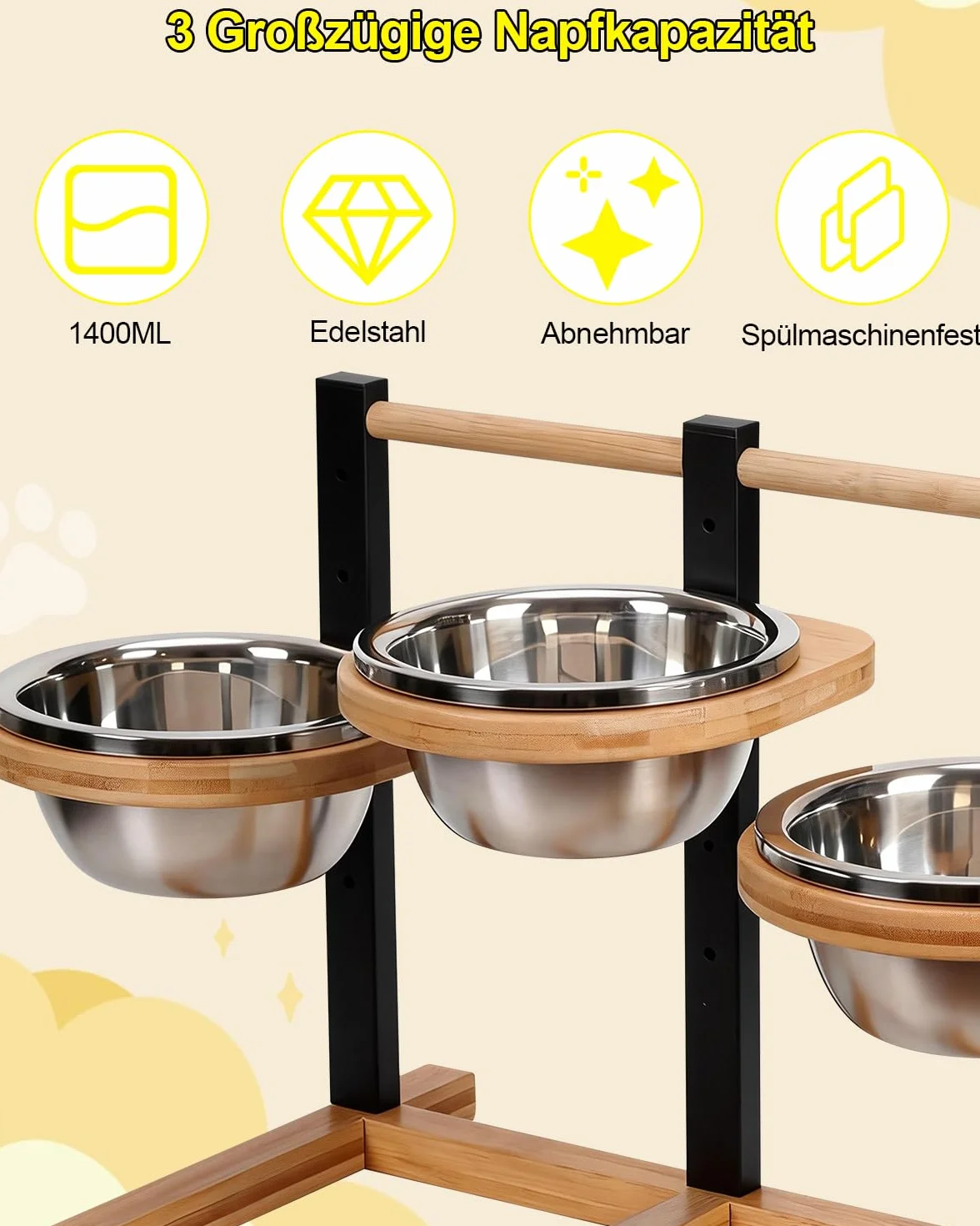 Erhöhter Futternapf für Hunde, 3 x 1400ml Edelstahlschüssel, 5 x Höhenverstellbar Hundenapf, Holz Erhöhte Hundenäpfe, Futterstation Hundenapfständer, 46x38x33cm
