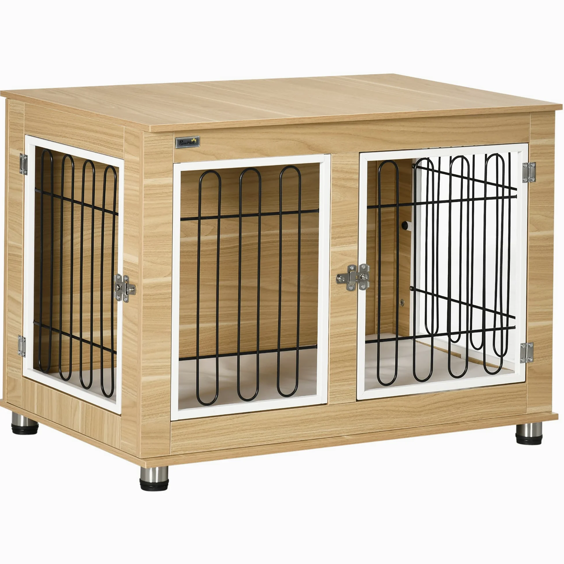 PawHut Hundekäfig Möbel mit 2 Türen Kissen 2 Verriegelungen Metall Hundebox für Zuhause Indoor Hundehütte für große Hunde bis zu 25 kg Beistelltisch Hundehaus 90 x 58 x 65 cm Eiche