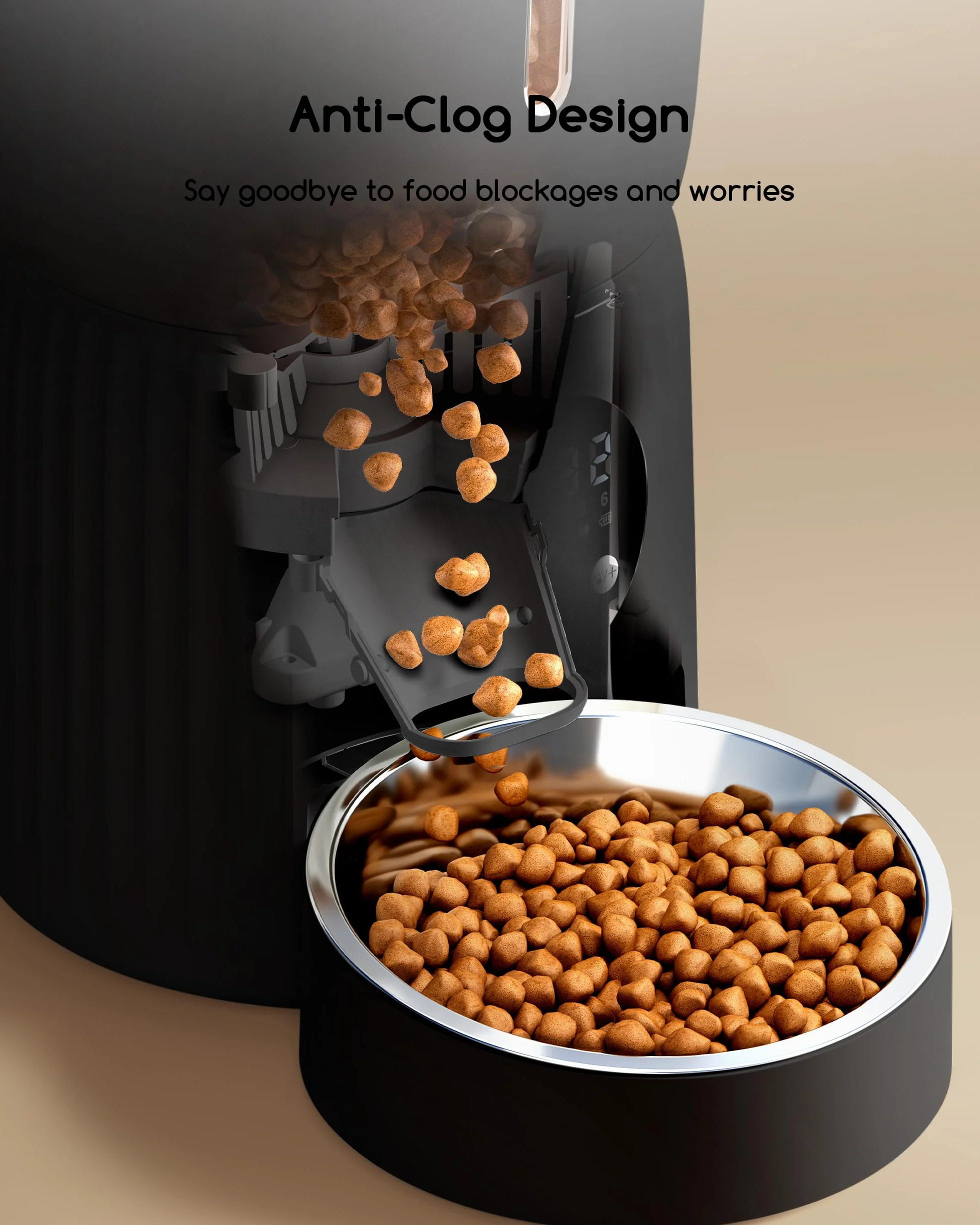 Faroro Futterautomat Katze, 4L Katzenfutter Automat, Futterspender Katze Mit 1–6 Mahlzeiten Pro Tag, Portionskontrolle, 10s Sprache, Langsames Füttern (Schwarz)