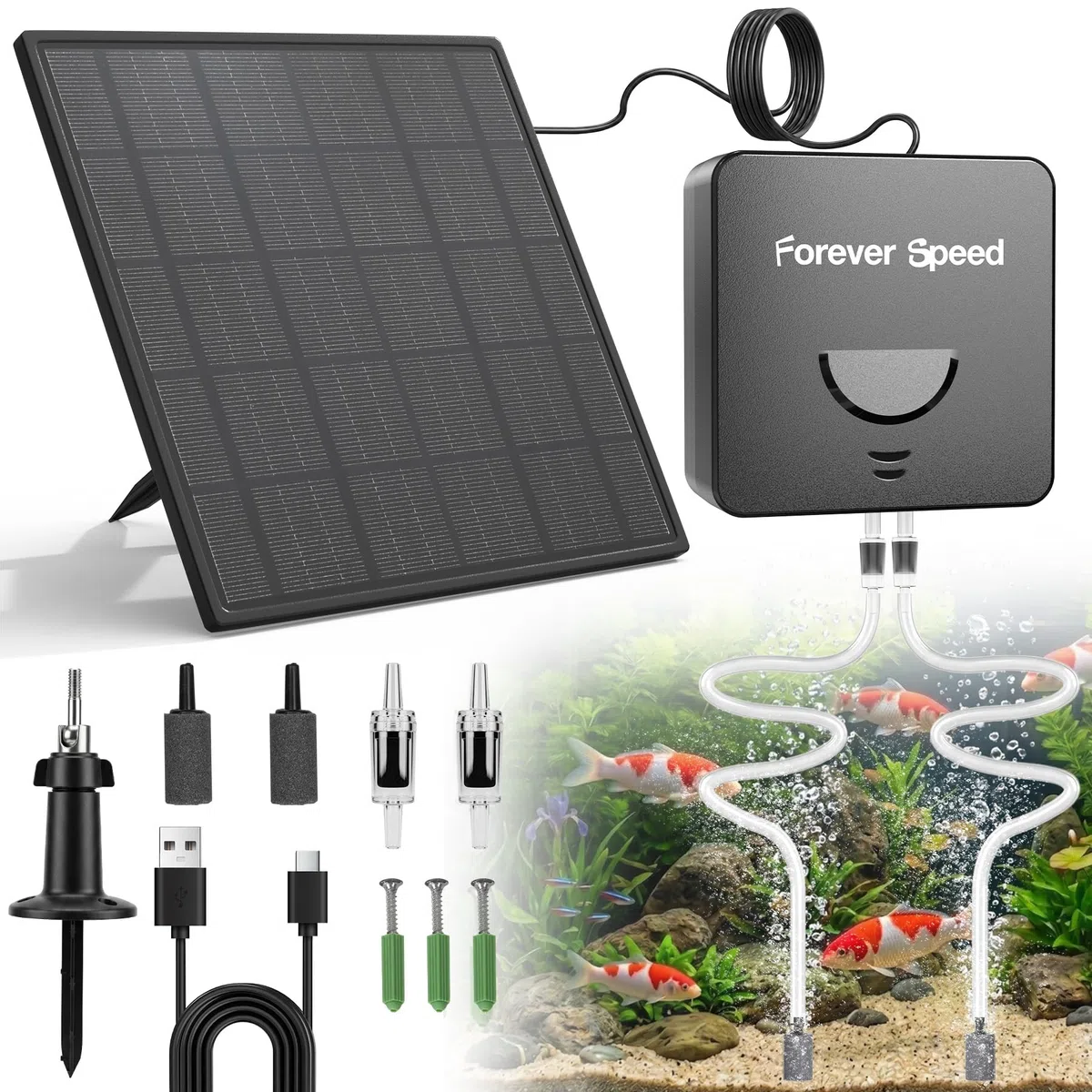 Forever Speed Solar Teichbelüfter mit Akku Leise, Auto Energieeinsparung Sauerstoffpumpe für Kleiner Teich Aquarium, Aufladbar Teichbelüfter Solar USB Doppelladen