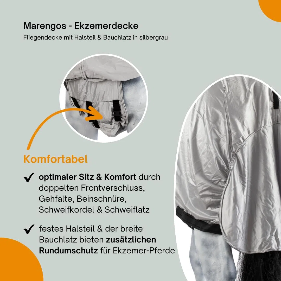 Marengos - Ekzemerdecke mit Halsteil & Bauchlatz – Fliegendecke aus feinmaschigem Gewebe – Schutz v. Insekten – doppelter Frontverschluss & Gehfalte – Pferdedecke in Silbergrau – 135cm