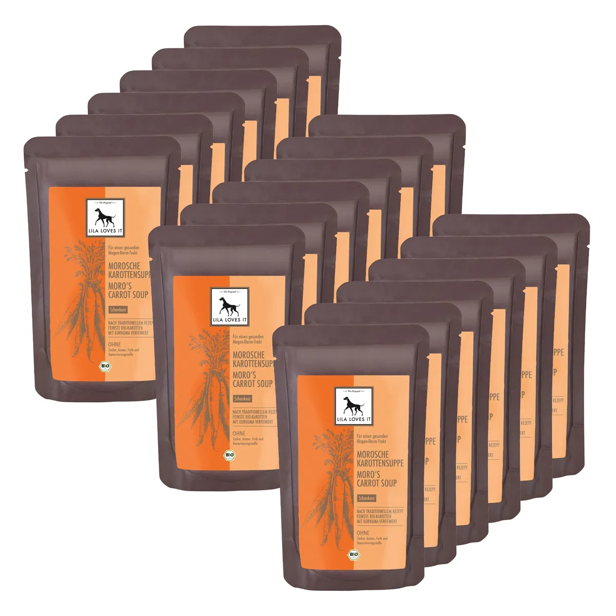 LILA LOVES IT Bio Morosche Karottensuppe für Hunde – altbewährtem Hausrezept, beruhigt den Magen-Darm-Trakt, vegan, Bio MOROSCHE KAROTTENSUPPE, 18 x 130ml Beutel