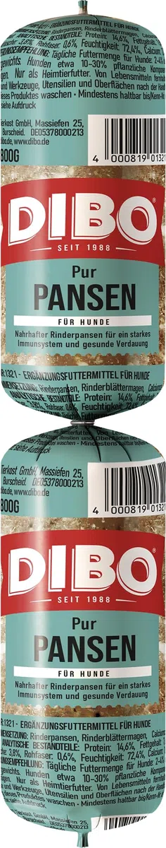 DIBO Tiefkühlwurst Pansen, 14 x 800g, Tiefkühlfutter, gesunde, natürliche Ernährung für Hunde, Hundefutter, Barf, B.A.R.F.