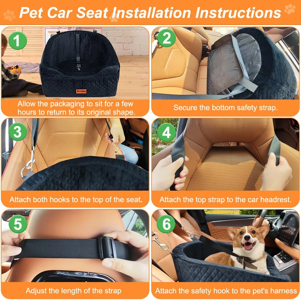Vivifying Hundeautositz für kleine Hunde, abnehmbare und waschbare Sitzerhöhung für Haustiere bis zu 9 kg, Reisebett mit Staufächern und Sicherheitsgurt (Schwarz)