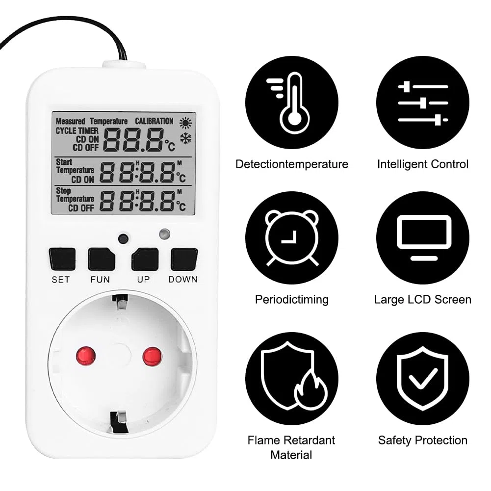 CEWROM Thermostat Steckdose, 16A 230V Heizungsthermostat Digital Temperaturregler mit Fühler, Thermostat Heizung für Gewächshaus Terrarium Heizung Kühlung Temperaturgesteuerte Stecker
