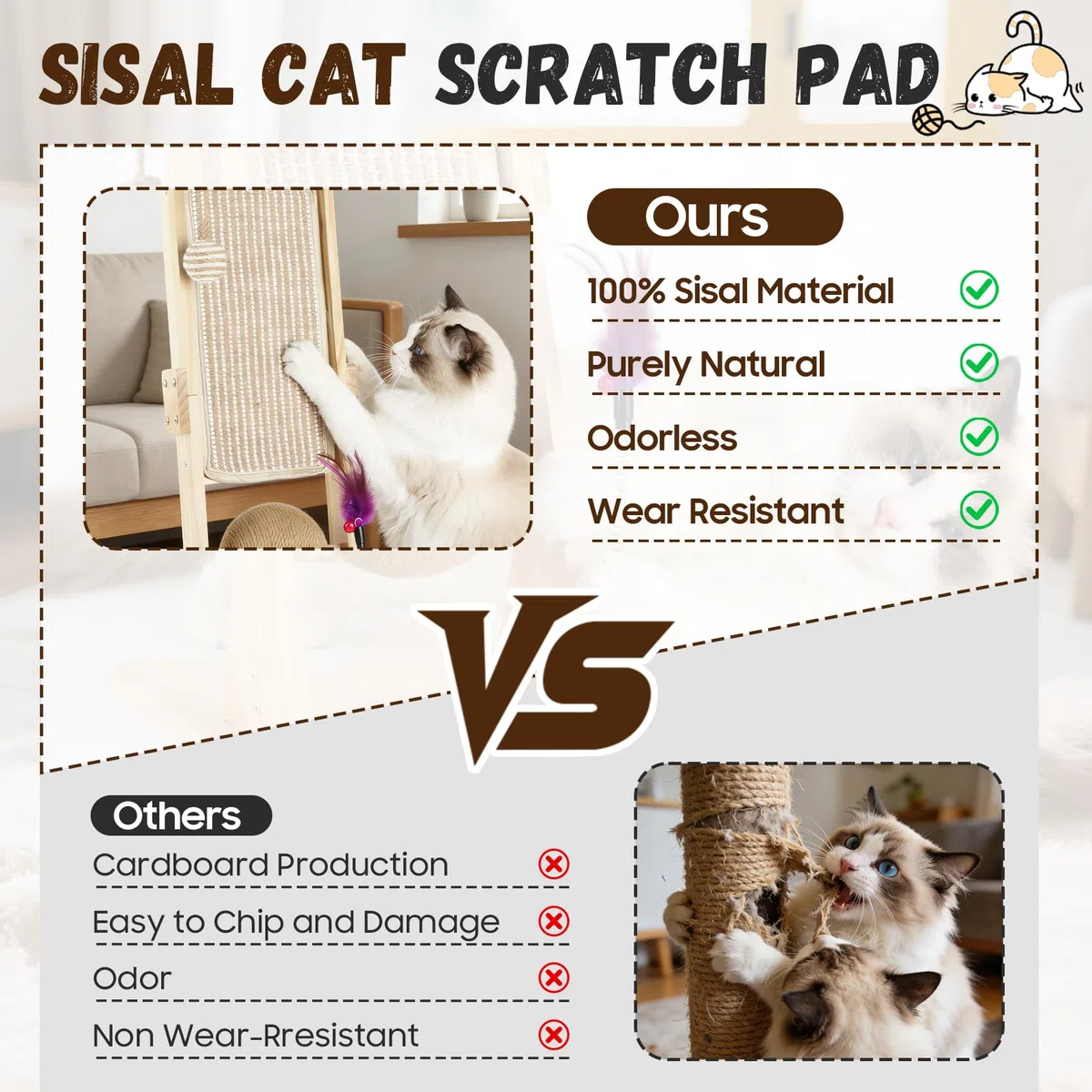 Kratzbrett Katzen, L-förmiger Sisal Kratzsäule, 70 cm Hohe Natürliche Sisal-Kratzsäule mit Ball für alle Katzen Spielen, Entspannen, Kratzbrett Katze aus Massivholz für Schutz von Möbeln und Sofas