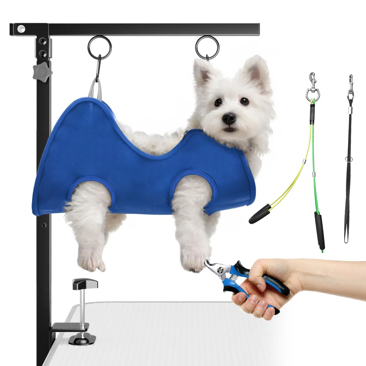Faltbarer Hundepflegetisch-Arm mit Tischklemme – Höhenverstellbar 66–102 cm, Grooming-Arm mit Hängematte & Anti-Sitz-Schlaufe, Hunde-Fixierung für kleine & mittelgroße Hunde, Zuhause oder Salon