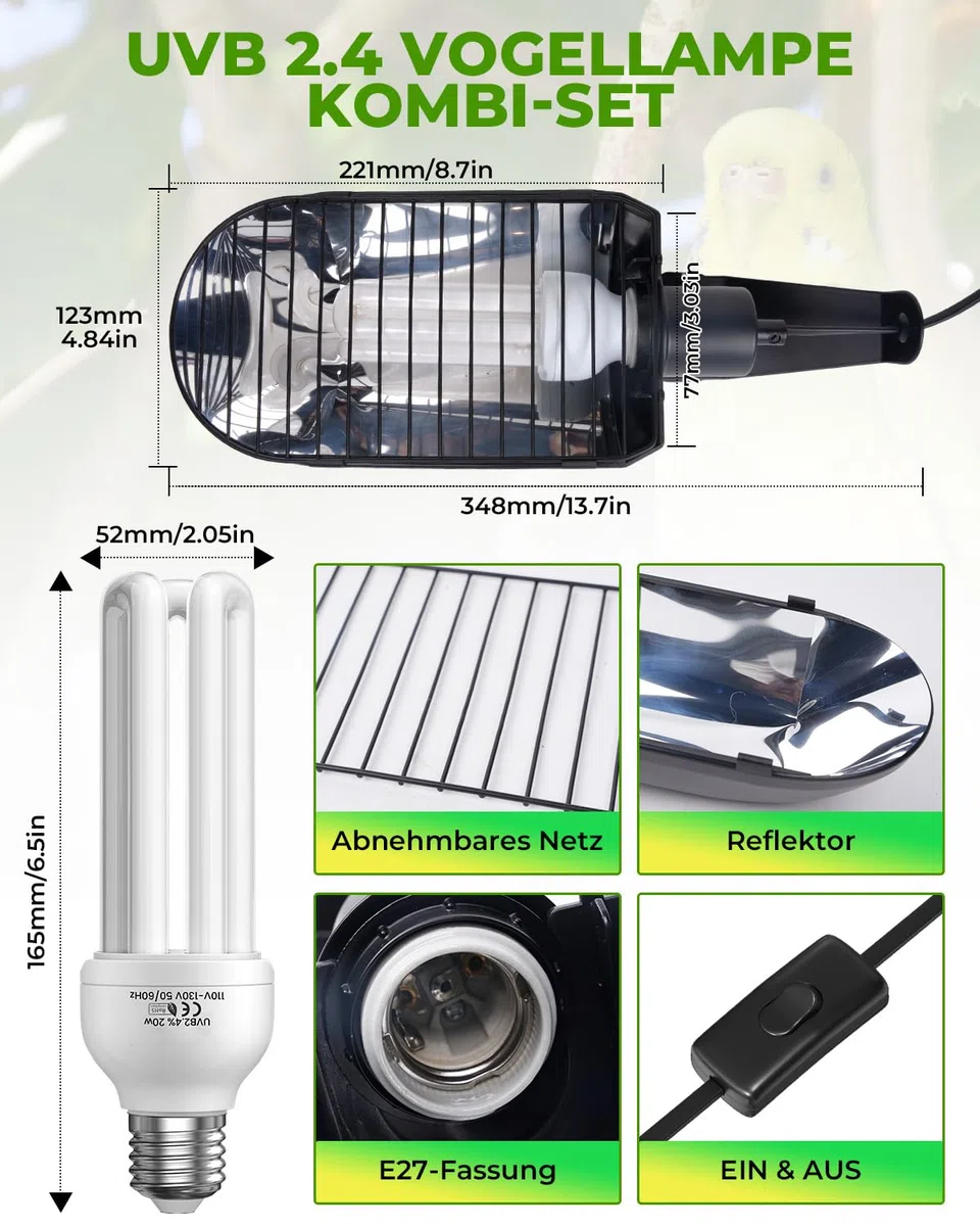 GlowUp UVB 2.4 Vogellampe Kombi-Set, tiefe U-förmige Lampenfassung mit 20W UVB Vogellampe E27 für Vögel