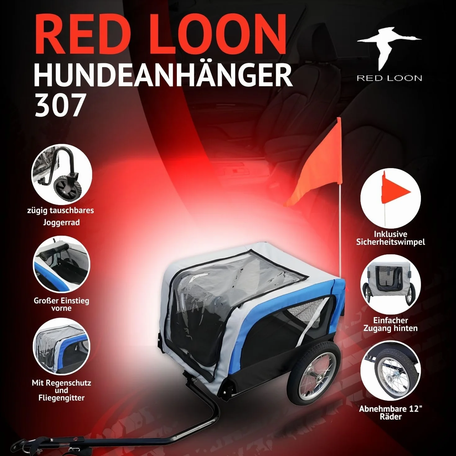 Hundeanhänger 2in1 Fahrradanhänger Hundetransporter - Red Loon Mini Anhänger & Jogger/Buggy blau - Radanhänger Fahrrad Transporter Hundebuggy - inkl. Fahne