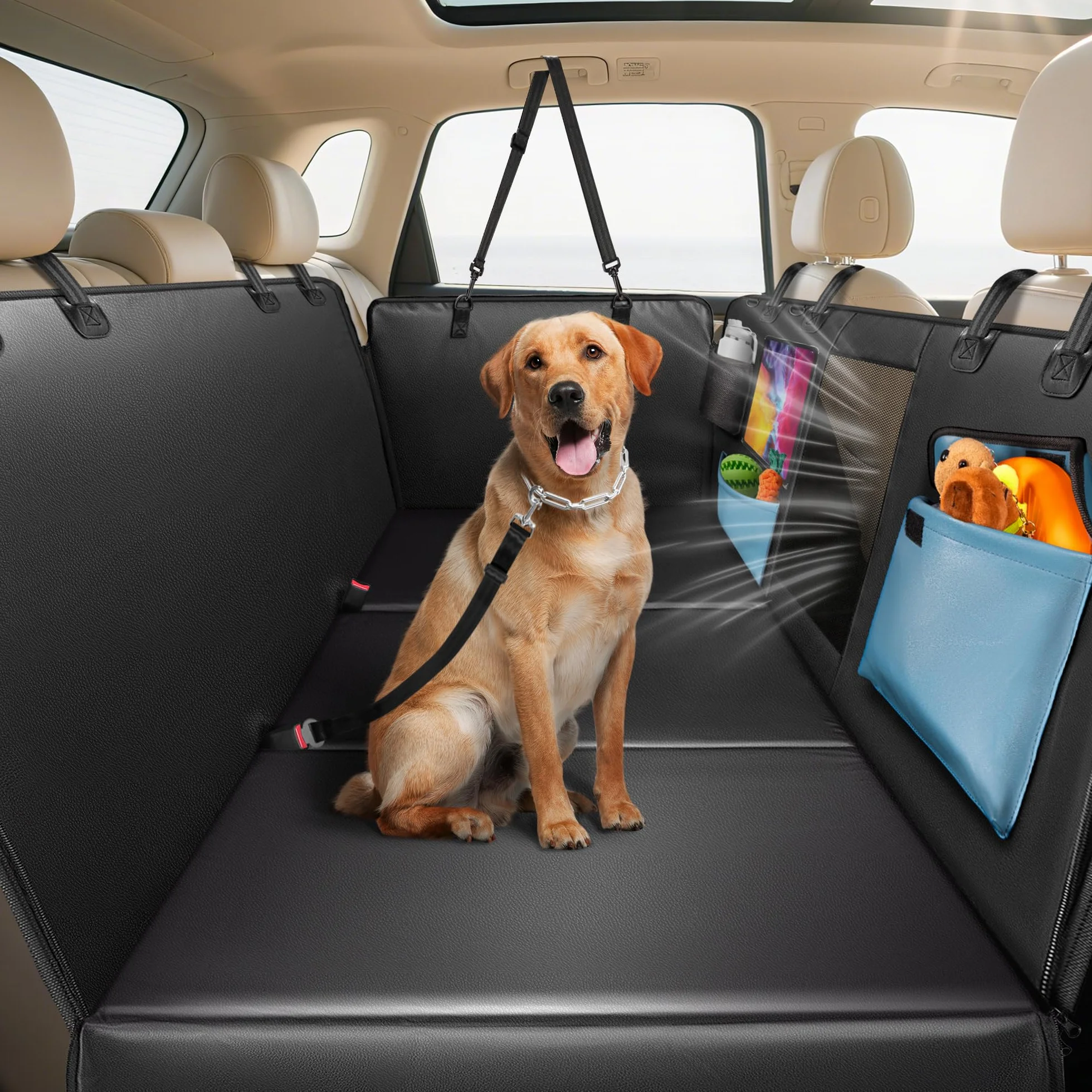 Hundedecke für Auto Rückbank Hundesitzbezug mit Harter Unterseite inkl. Seitenschutz und Sichtfenster verbreitert wasserdicht und Kratzfest im SUV und Kleinlaster