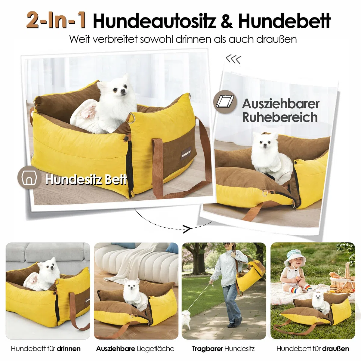 Hundesitz Auto für Kleine Hunde Unter 15KG, Tragbares Hundekorb mit Ausziehbarer Ruhebereich, Abnehmbarer und Waschbarer Auto Reise Hundebett mit Staufächern und Sicherheitsgurt