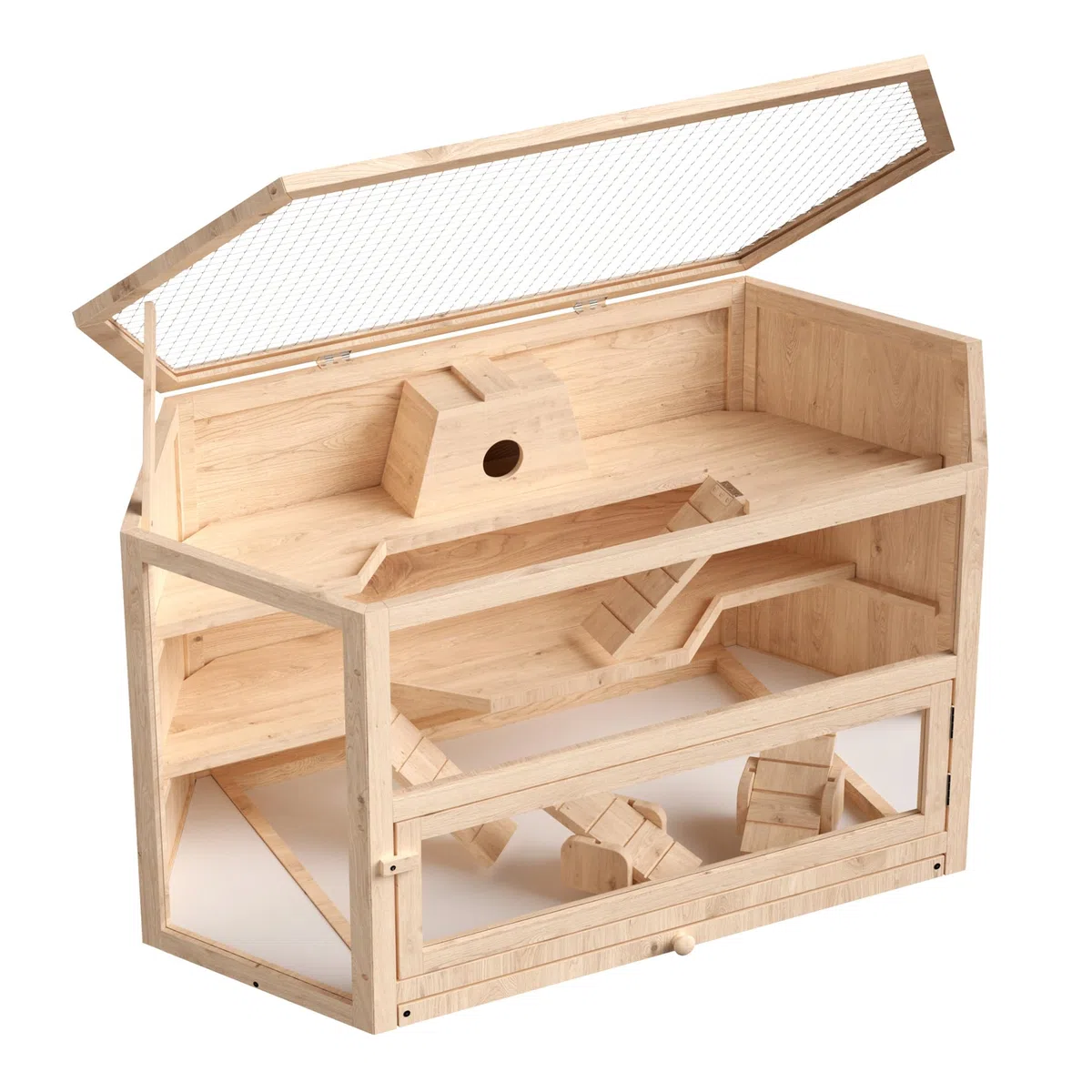 Wiltec XXL 3 Etagen Nagerkäfig, 6-eckig, 1150 x 600 x 580 mm, aus Holz, mit klappbarem Deckel & Sichtfenster, Kleintierhaus Mäusekäfig Hamsterkäfig
