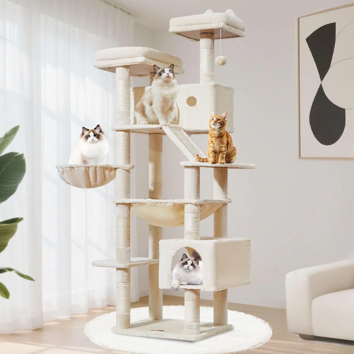 Taoqimiao 180CM Kratzbaum Groß, Katzenbaum Katzen Kratzbaum Grosse Katzen Stabil mit 2 Katzenhaus, Metallhängematte, Korb, 8 Kratzsäulen, Katzenkratztafel, MS026LM Beige