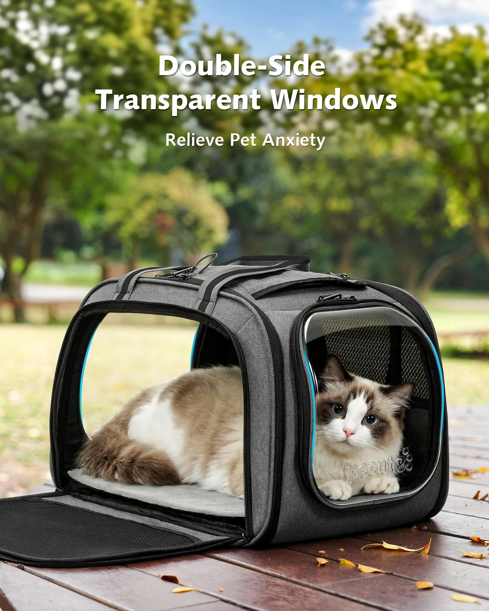 Pecute Katzentransporttasche mit Sichtfenster, atmungsaktiv, stabil, Grau L 46x36x34cm