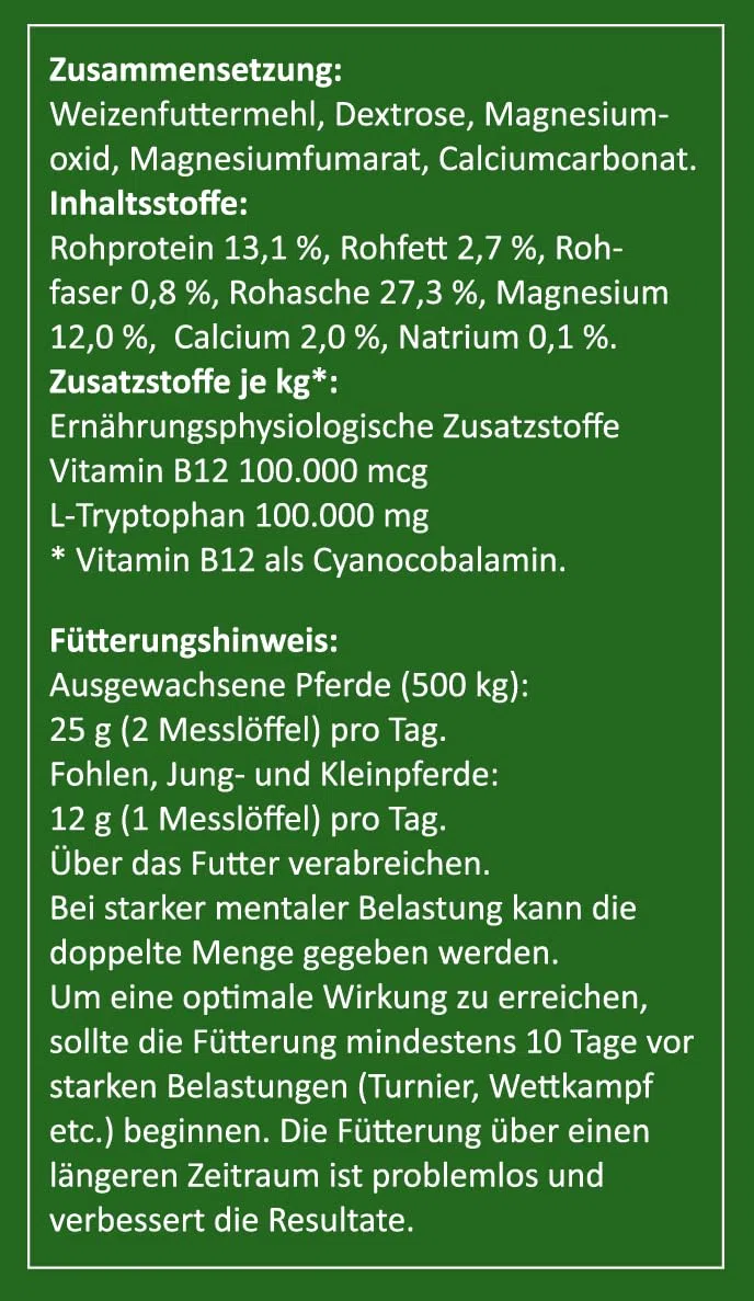 Tryptophan + Magnesium Pferd [Hochdosiert] – Von Tierärzten entwickelt – Unterstützt Nerven, Entspannung & Losgelassenheit – Mit Vitamin B12 – Ergiebiges Pulver 2000 g Nachfüllpack