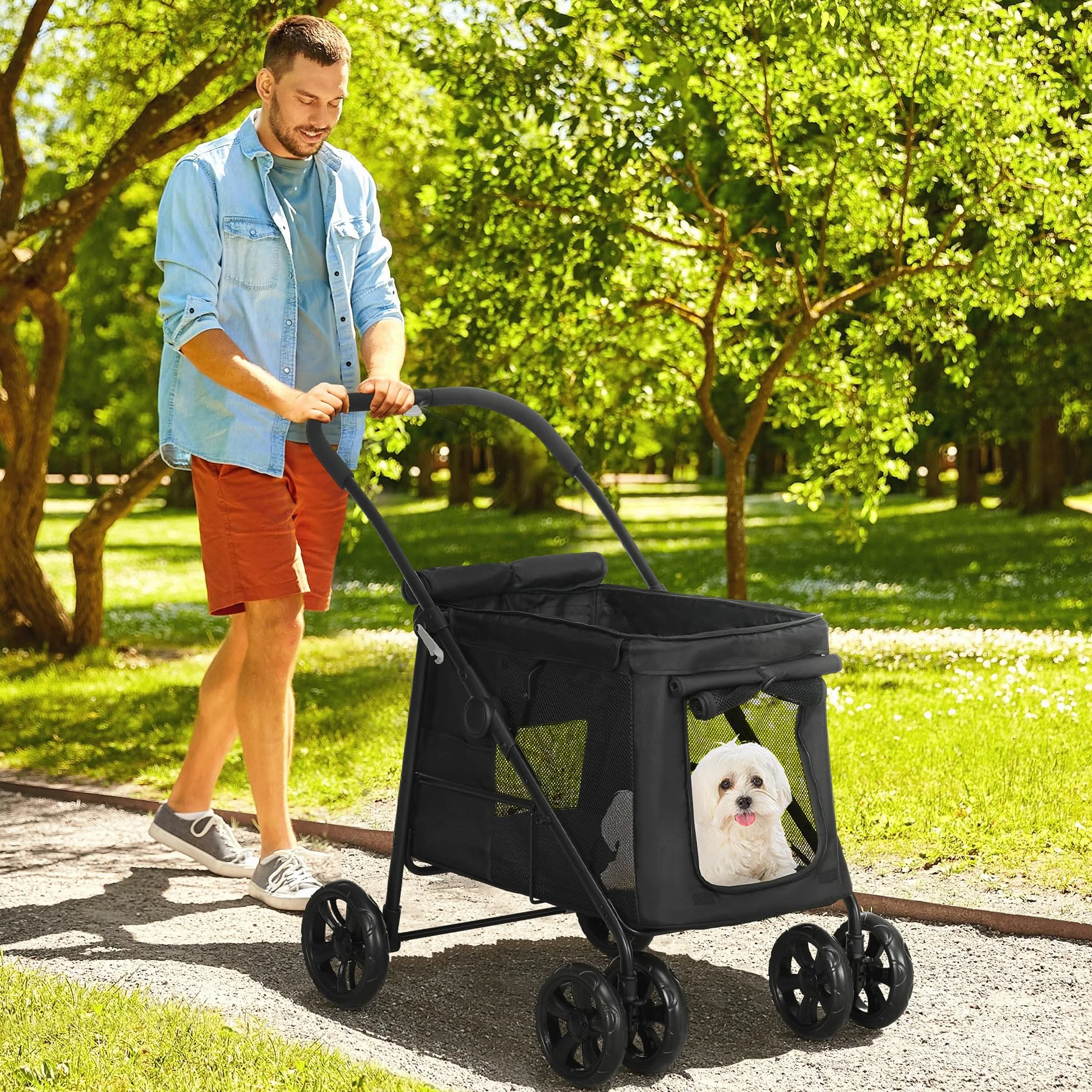 PawHut Hundewagen, faltbarer Hundebuggy, Hundetrolley mit Kissen, Katzenbuggy bis 20 kg, Katzenwagen für kleine und mittelgroße Hunde mit Seitentaschen, Netzfenster, Oxford-Gewebe, Schwarz