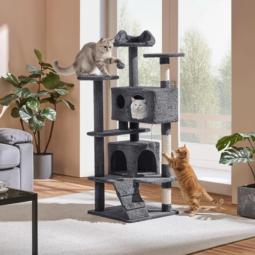 Yaheetech 139 cm Kratzbaum für Kleine und Mittelgroße Katzen, Mehrstufiger Katzenturm mit 2 Höhlen, 3 Plattformen, Sisalsäulen und Stufendesign, Stabil für Mehrkatzenhaushalte, Dunkelgrau