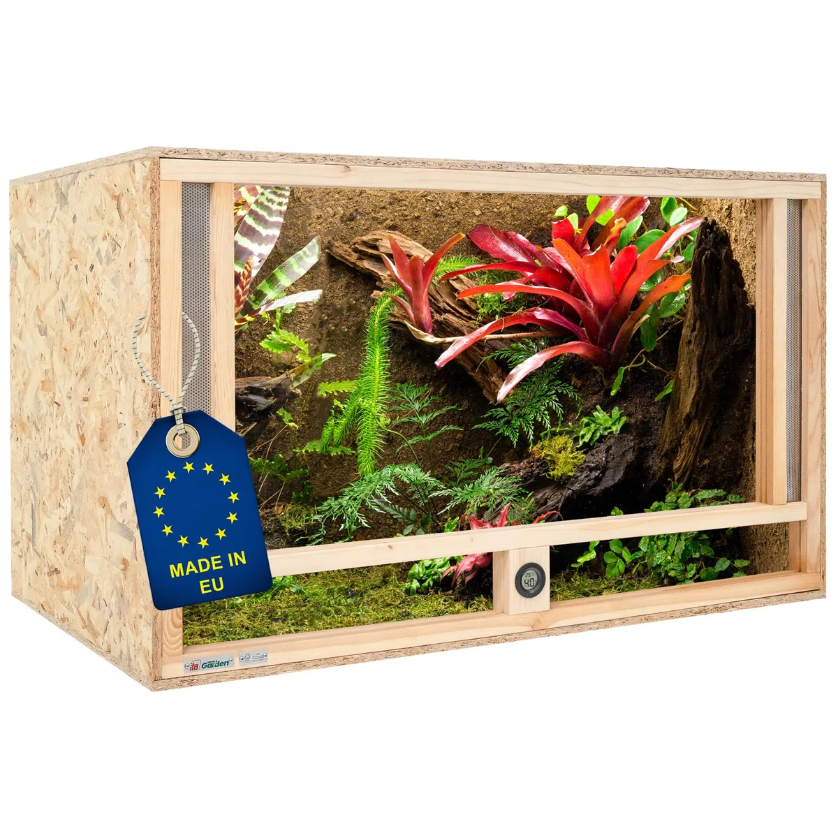 ITA Holz Terrarium 100x50x50 cm mit Frontbelüftung & Integriertem Hygrometer - Holzterrarium aus OSB-3 Platten - Terrarien für Reptilien, Schlangen, Amphibien - EU Produkt, FSC Zertifiziert