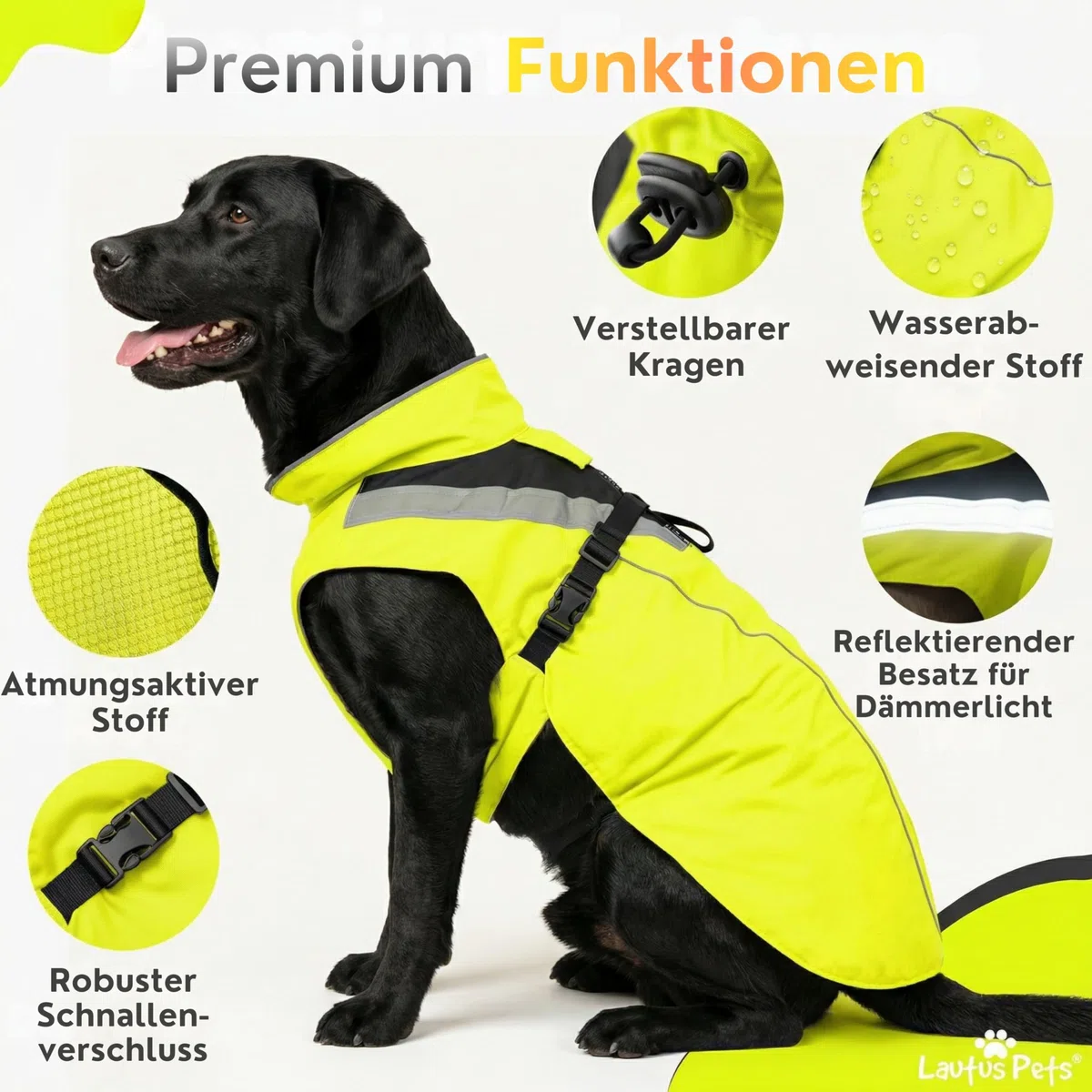 Wasserdichter Hunderegenmantel, reflektierenden Sicherheitsstreifen & Leinenöffnung – Leichte, Jacke für mittelgroße Hunde von Lautus Pets - XL, Gelb