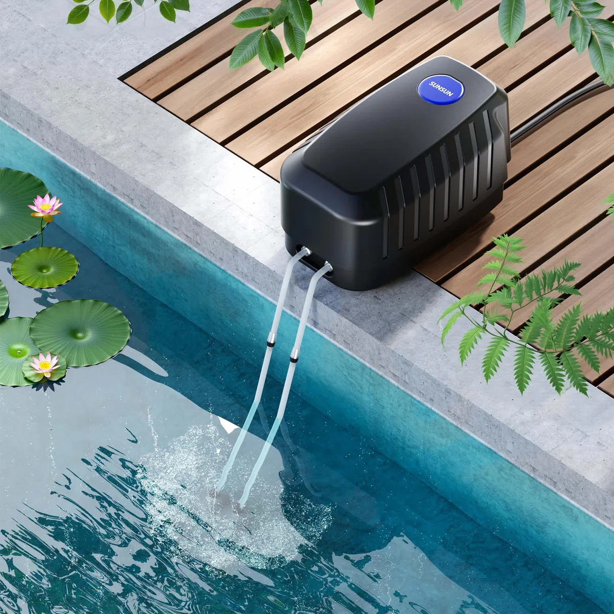 SunSun Cap Sauerstoffpumpe, Luftpumpe für Aquarium und Gartenteich, Teichbelüfter mit Luftausgängen, Belüftungspumpe mit Luftstein und Rückschlagventil