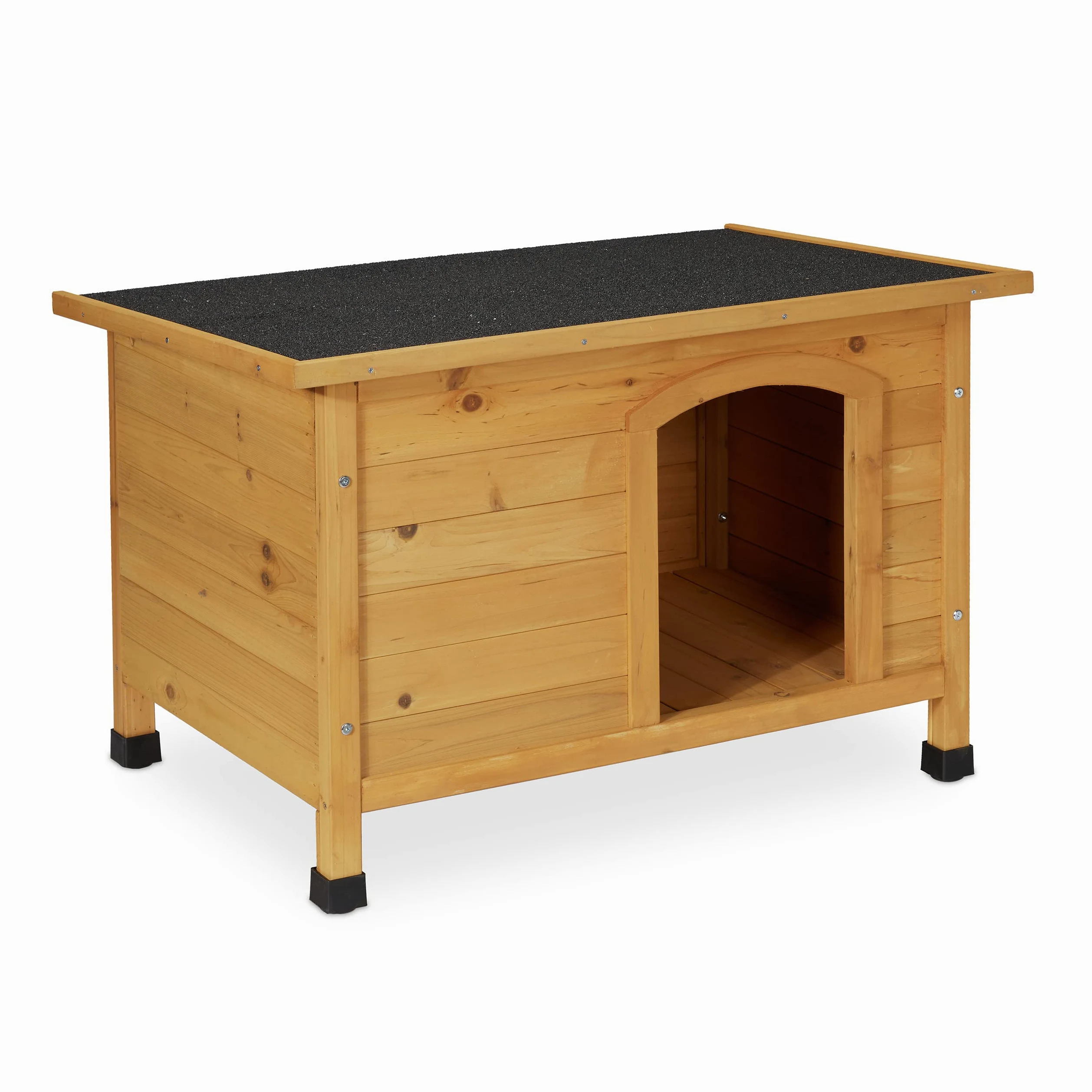 Relaxdays Hundehütte, HxBxT: 58 x 86 x 58 cm, wetterfestes Hundehaus, Holz, Dachpappe, Hundevilla Outdoor, Natur/schwarz