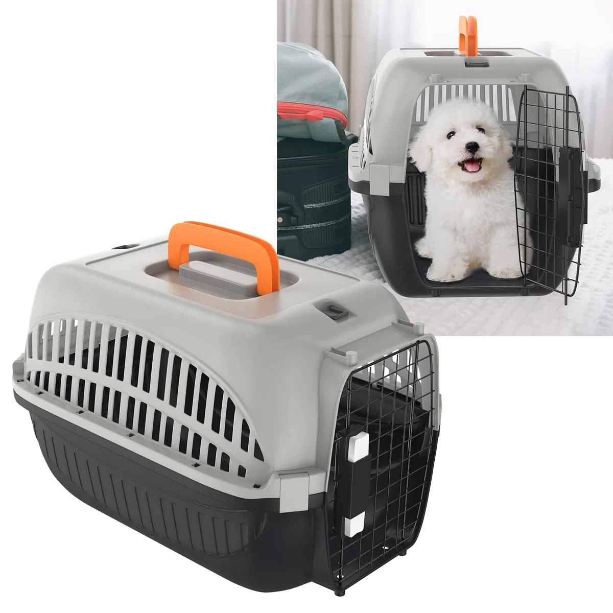 YUENFONG Transportbox Katzen 61x37x37cm Katzentransportbox für kleine Hunde, Tiertransporter aus ABS & PP Kunststoff Material, mit Metalltür & Napf, Grau und Schwarz