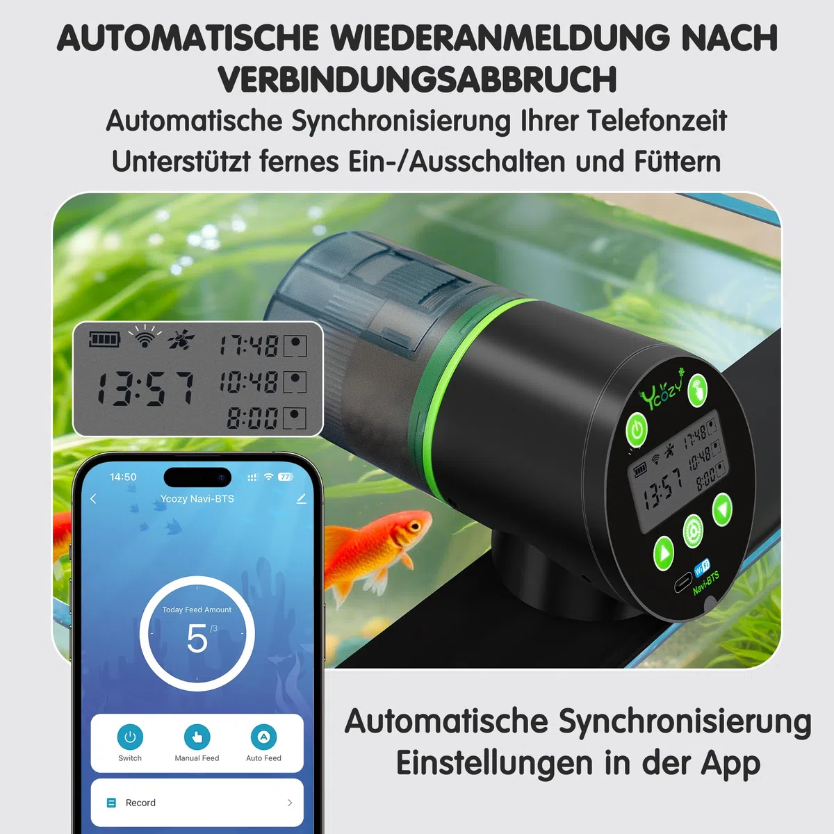 Ycozy WiFi Fischfutter Automat Aquarium, Futterautomat Netzteil mit Stecker & USB-C Kabel Fischfutterspender WLAN Gesteuerter mit APP Automatischer Fischfutterautomat für Aquarium Navi-BTS