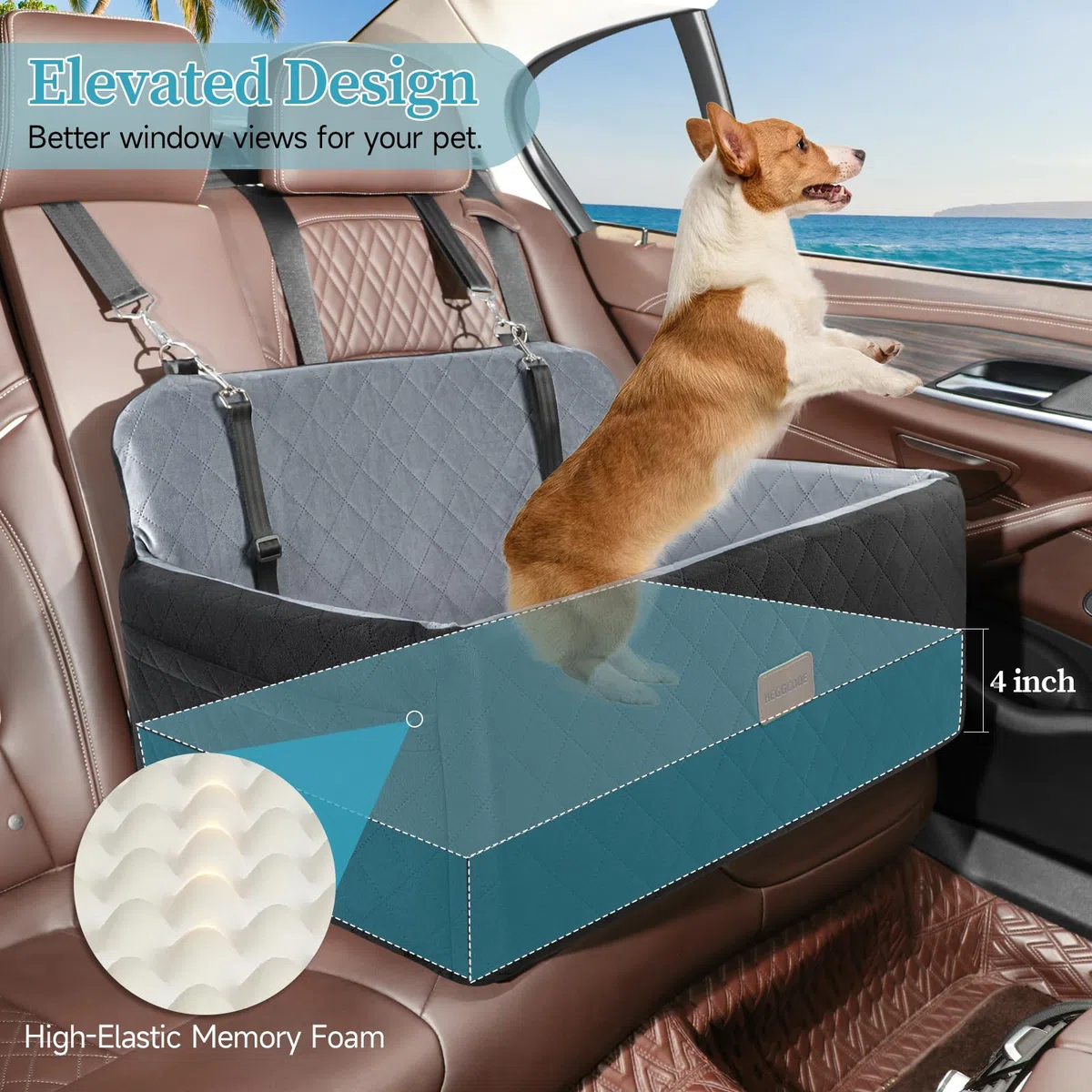 Hunde autositz für mittlerer/große Hunde, Hundeautositz für mittlerer oder 2 kleine Hund, Abnehmbarer & waschbarer Hundesitz Auto, Hundebett Auto für den Rücksitz mit 2 Sicherheitsleinen