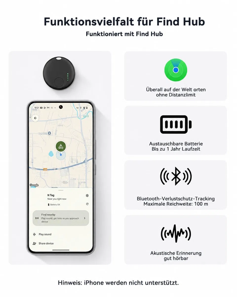 Hunde Tracker für Android, kompatibel mit Google „Mein Gerät Finden“, Bluetooth GPS Smart Tag ohne SIM-Karte & ohne ABO, Hundetracker mit IP67 wasserdichter Silikonhülle für Hundehalsband