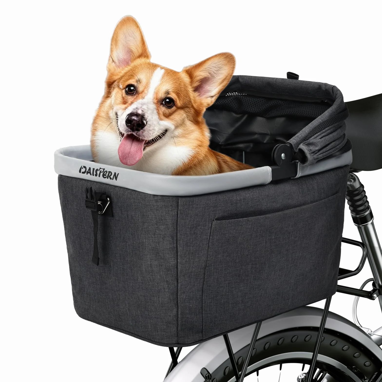 Faltbarer Hundefahrradkorb Hinten bis 10KG mit Metallrahmen, PE-Trägerplatte, Schnellmontage-Halterung für Durchmesser von 9-12mm, Netzfenster, weichem Sitzkissen, Reflektorstreifen