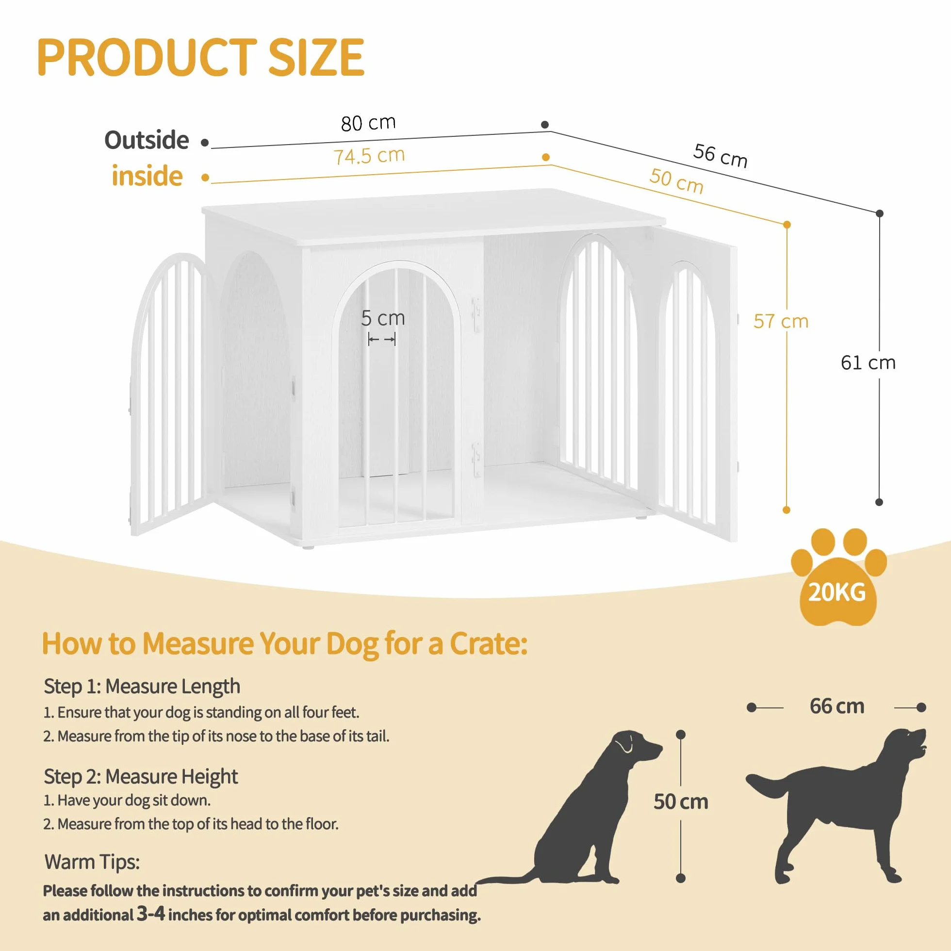 Hzuaneri Hundekäfig Möbel, 80cm Hundebox für Zuhause, 3 Türen, Bogentür, Moderne Hundebox Indoor für Hunde, Beistelltisch, Hundekäfig Hochbelastbar, 80 x 56 x 61 cm, Weiß DFC85113W