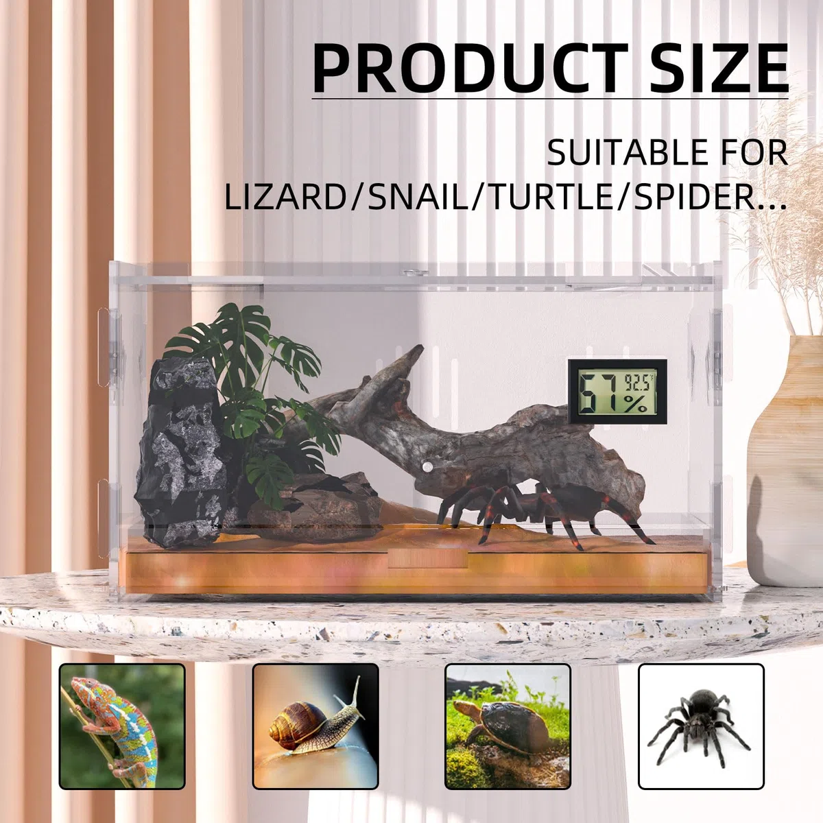 Terrarium für Reptilien, Reptil Fütterungsbox, Acryl Terrarium mit Digitales Thermometer Hygrometer Reptilienzuchtbox für Spinne/Schnecke/Frosch/Eidechse/Schildkröte (40x25x18cm)