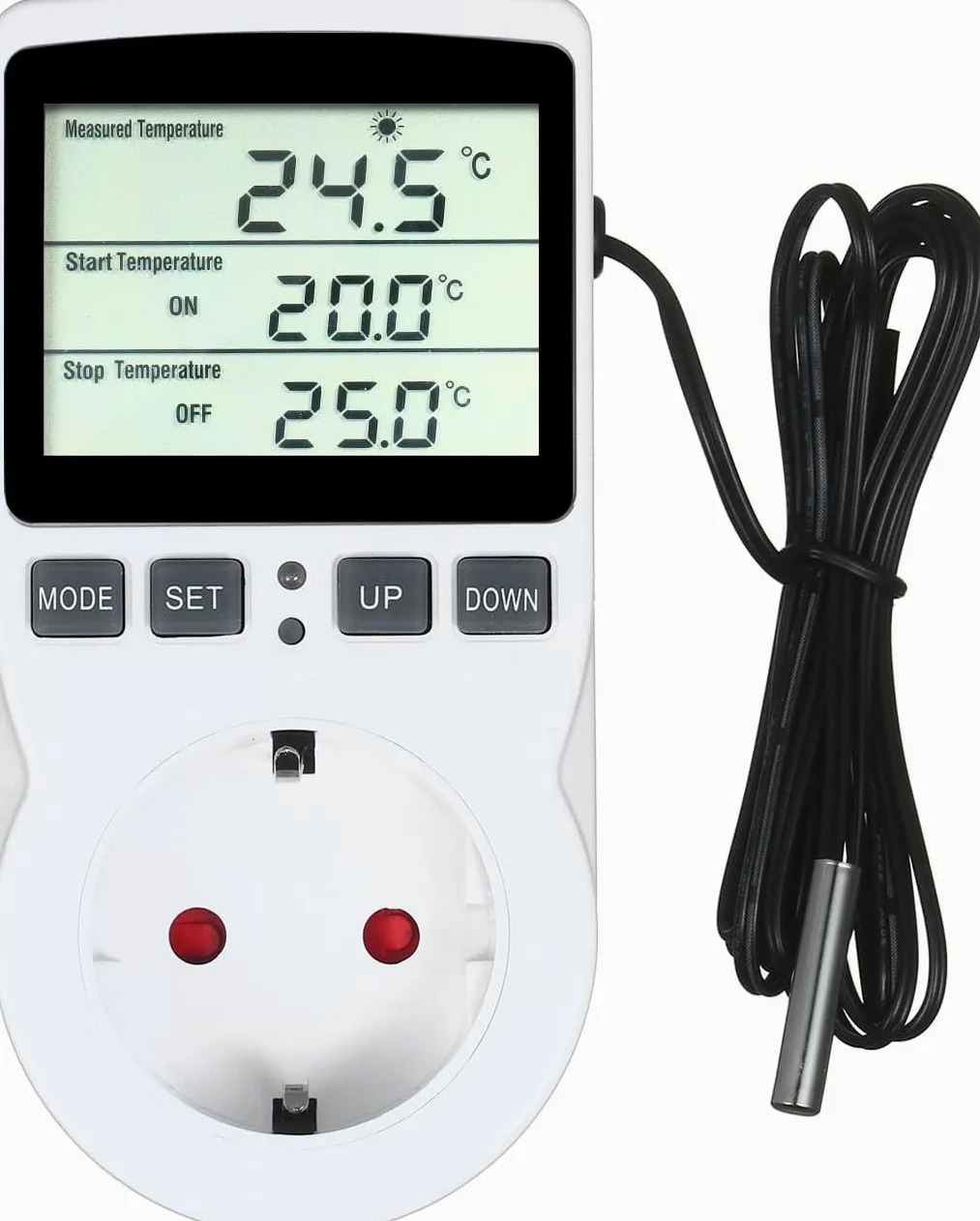 Weytoll Digitaler Temperaturregler Hermostat Timer Steckdose Heizung Kühlung 220V Temperaturdetektor LCD-Bildschirm für Gewächshaus, Aquarium, Terrarium, Reptilien, Steckdosen mit fühler Steckdose