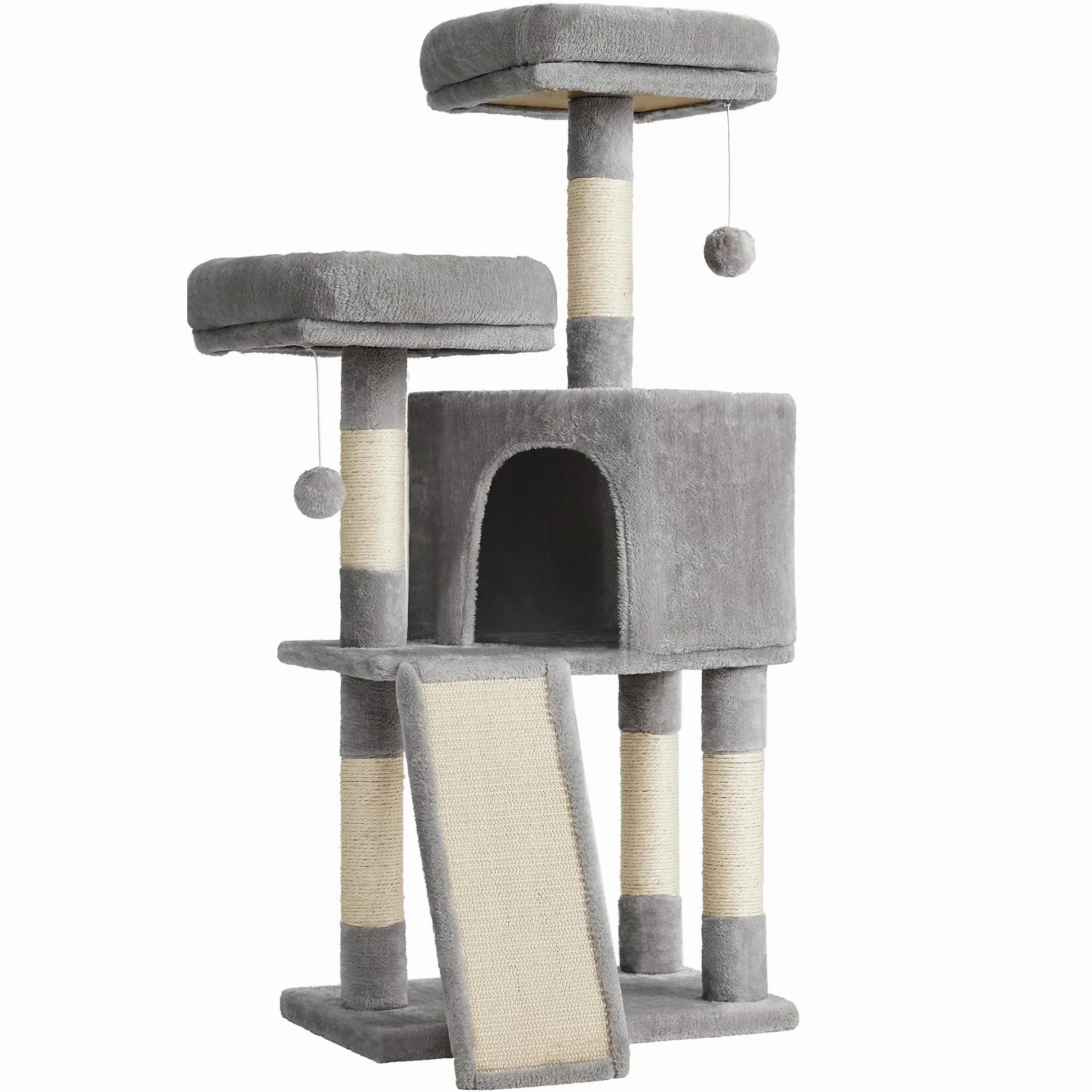 FEANDREA Kratzbaum klein, Katzenbaum mit Kratzbrett, Plattformen, für Katze, weicher Plüsch, 115 cm, vollständig mit Sisal umwickelte Säule, hellgrau PCT141W01