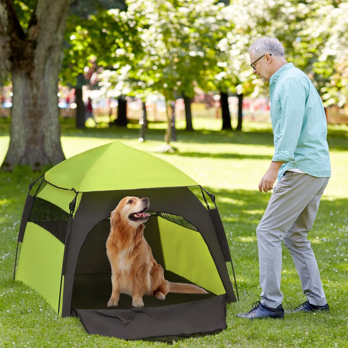 PawHut Haustierzelt, Outdoor Hundezelt, Katzenzelt mit Meshfenster, Tragetasche, Sonnendach, Tragbar Hundehütte für extra große und große Hunde, für Drinnen und Draußen, 120x120x106cm, Grün+Dunkelgrau