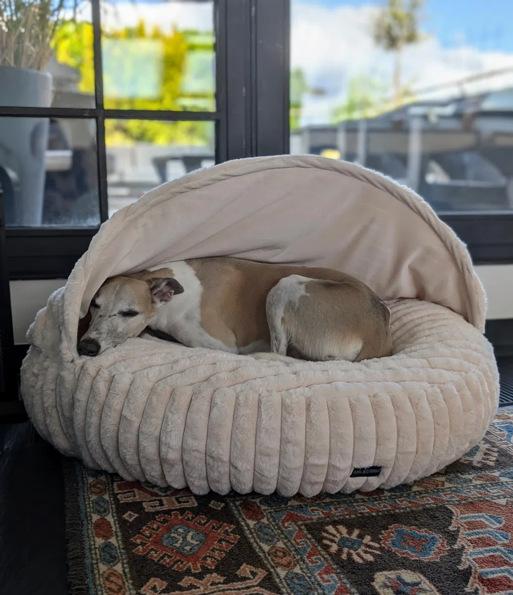 EDEL&SCHNELL Hundebett Wechselbezug Hellbeige 90 cm Ersatz Bezug Hundebett Flocke mit Kapuze Bezüge als Hundehöhle aus weichem Kunstfell