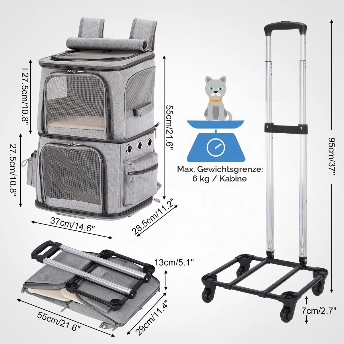 Katzentransportbox für 2 Katzen bis 12kg, Kleine Hunde Transportboxen mit Abnehmbaren Rollen, Faltbare Katzentransporttasche, Grau