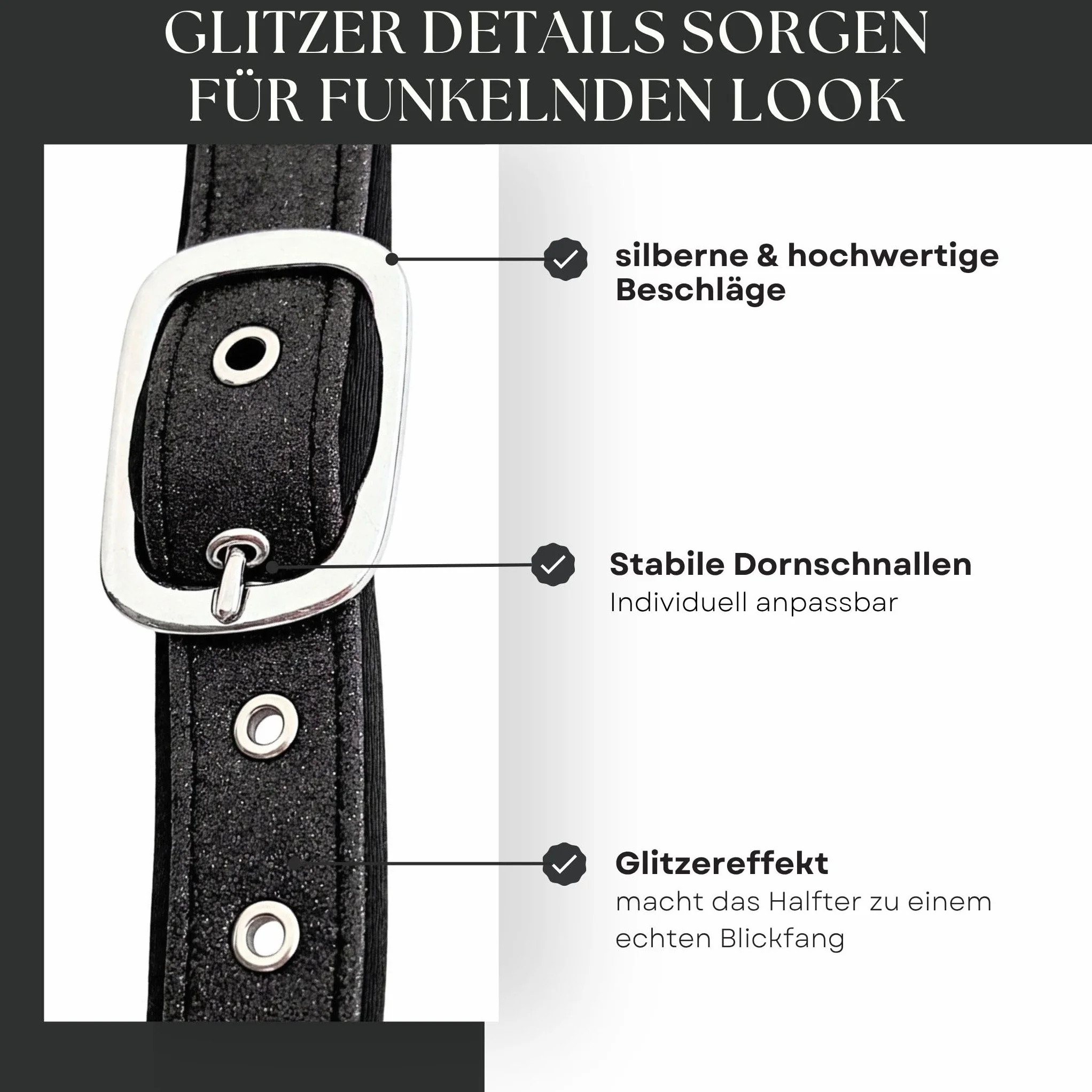 Pferdelinis Halfter für Pferde Glitzerhalfter, gepolstertes Halfter, verstellbare Dornschnallen, Halfter Pony, Cob, Warmblut, Shetty (Schwarz, Warmblut)